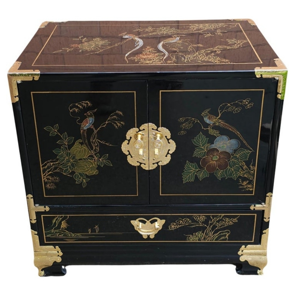 Auth  Antique Chinoiserie Korean Tansu Black Wooden Jewelry Box w/ Brass Accents